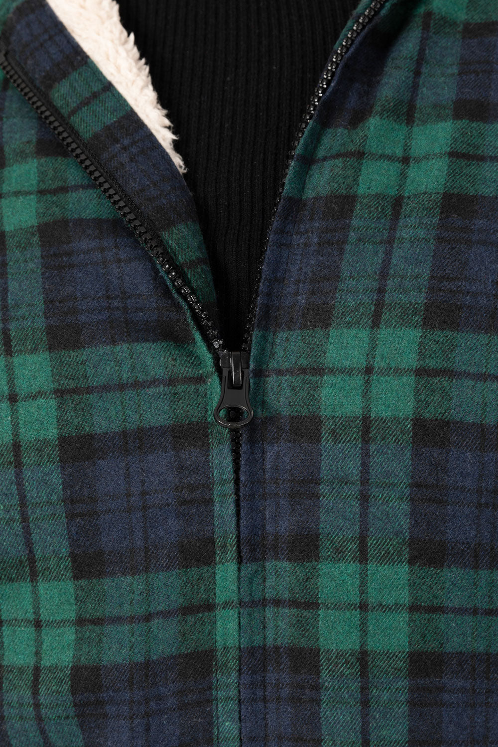 Women's sherpa-lined flannel jacket with a full zip-up design, featuring a hood and plaid pattern, perfect for chilly weather.