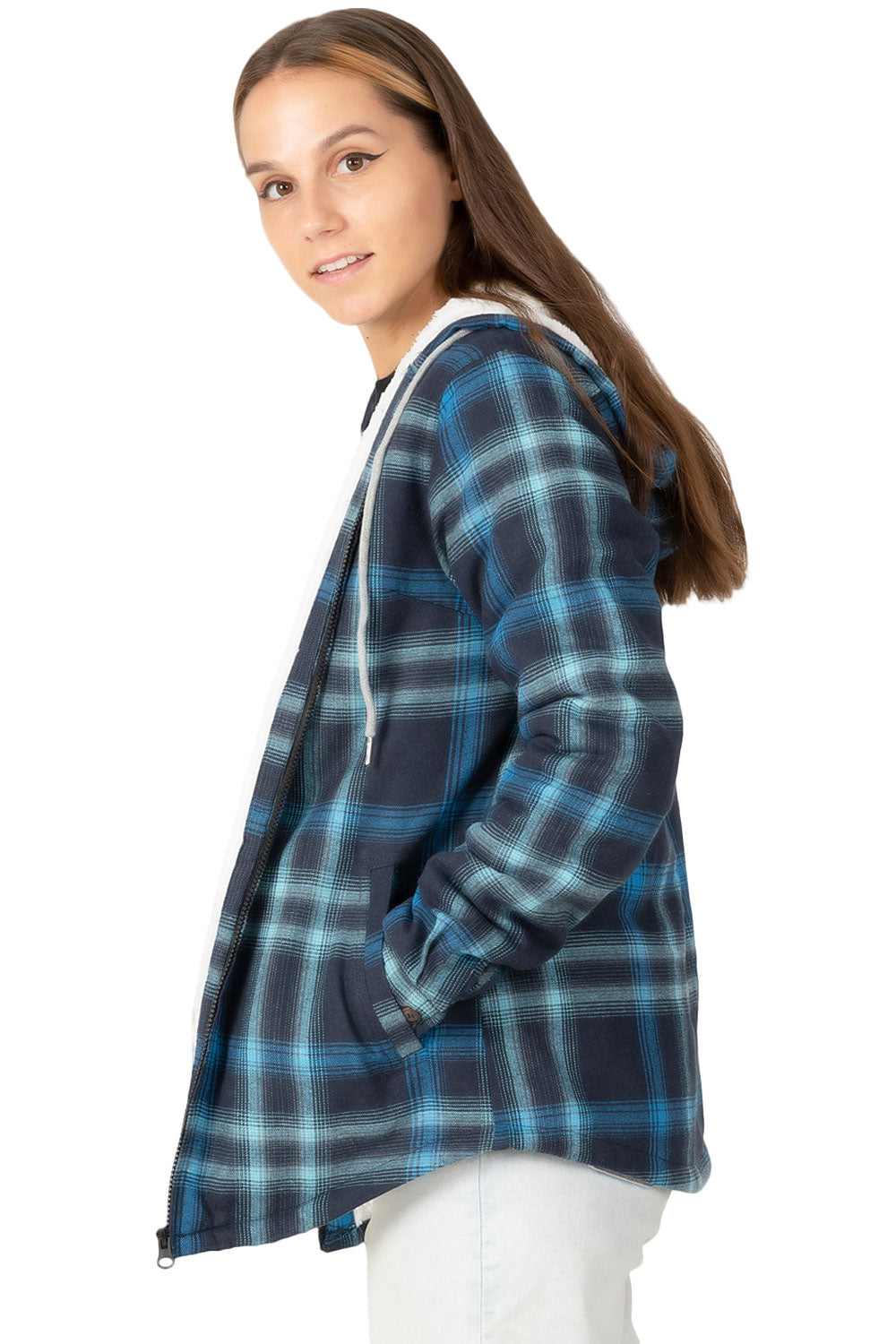 Women's sherpa-lined flannel jacket with a full zip-up design, featuring a hood and plaid pattern, perfect for chilly weather.