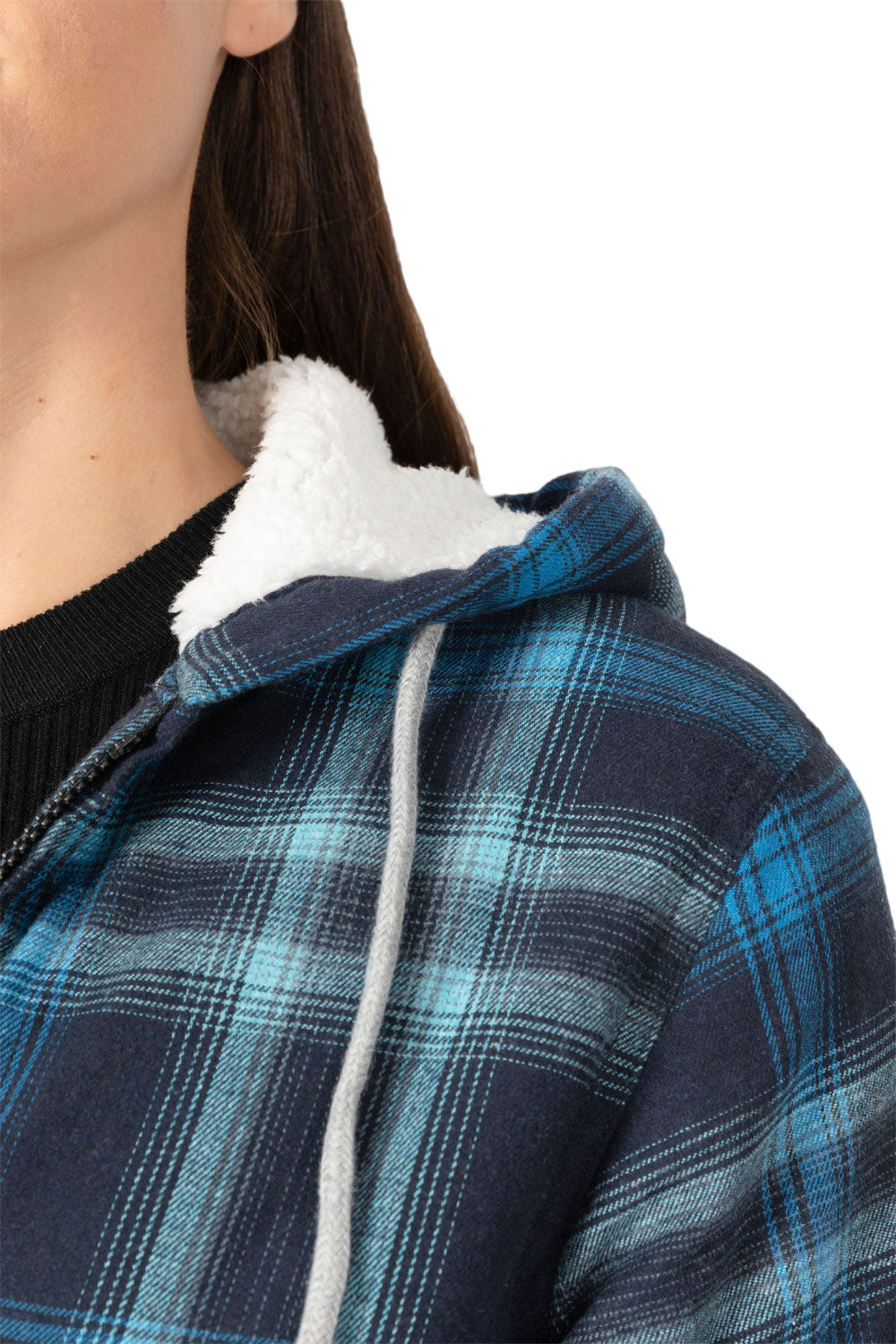 Women's sherpa-lined flannel jacket with a full zip-up design, featuring a hood and plaid pattern, perfect for chilly weather.