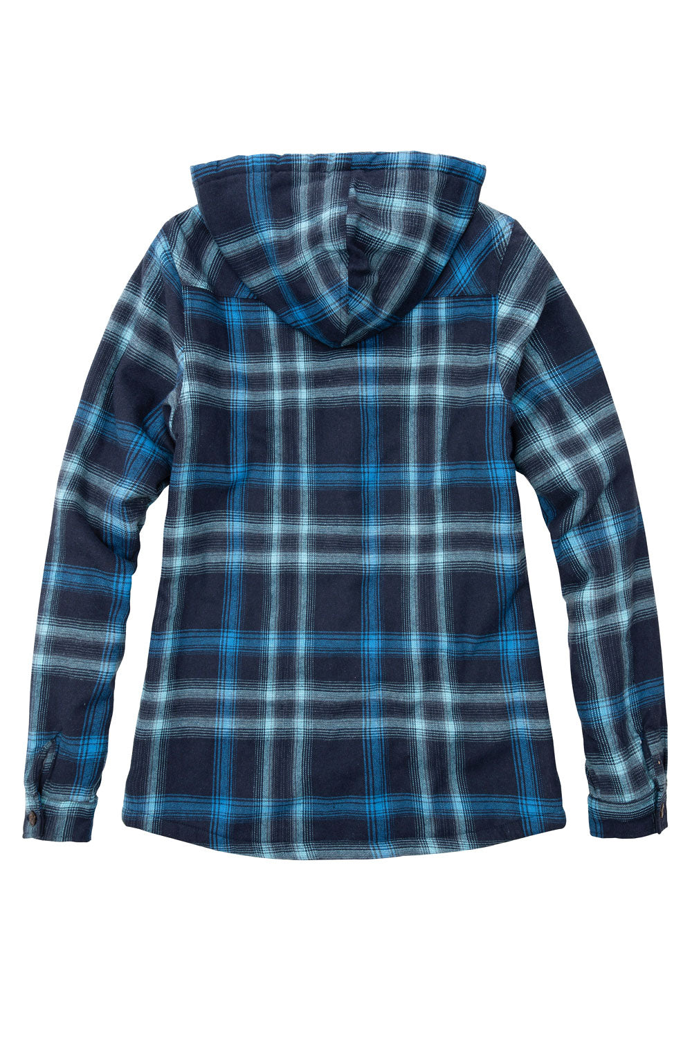 Women's sherpa-lined flannel jacket with a full zip-up design, featuring a hood and plaid pattern, perfect for chilly weather.