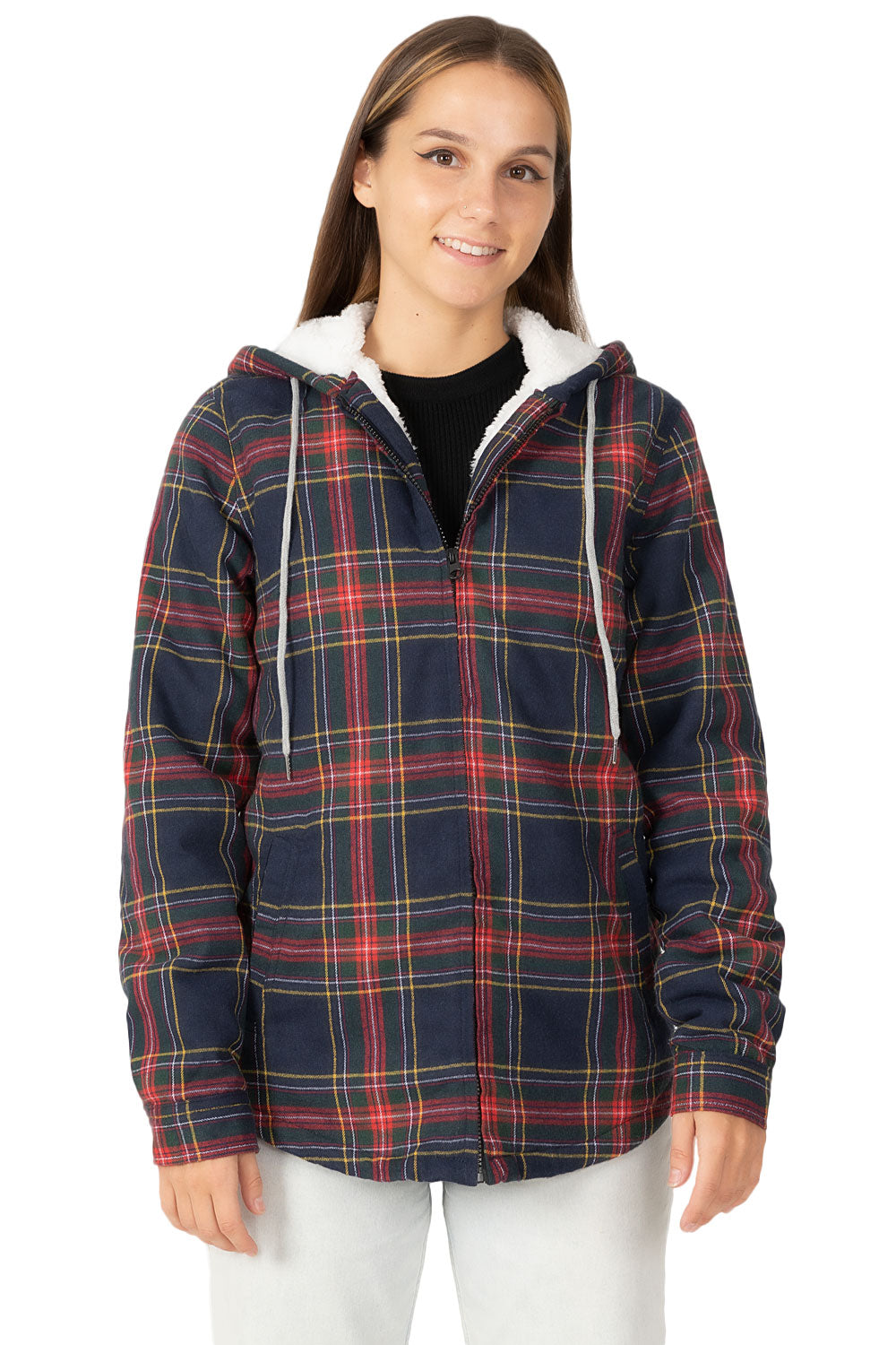Women's sherpa-lined flannel jacket with a full zip-up design, featuring a hood and plaid pattern, perfect for chilly weather.
