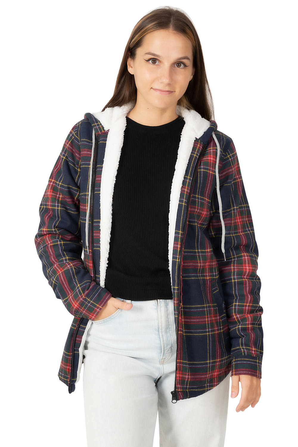 Women's sherpa-lined flannel jacket with a full zip-up design, featuring a hood and plaid pattern, perfect for chilly weather.