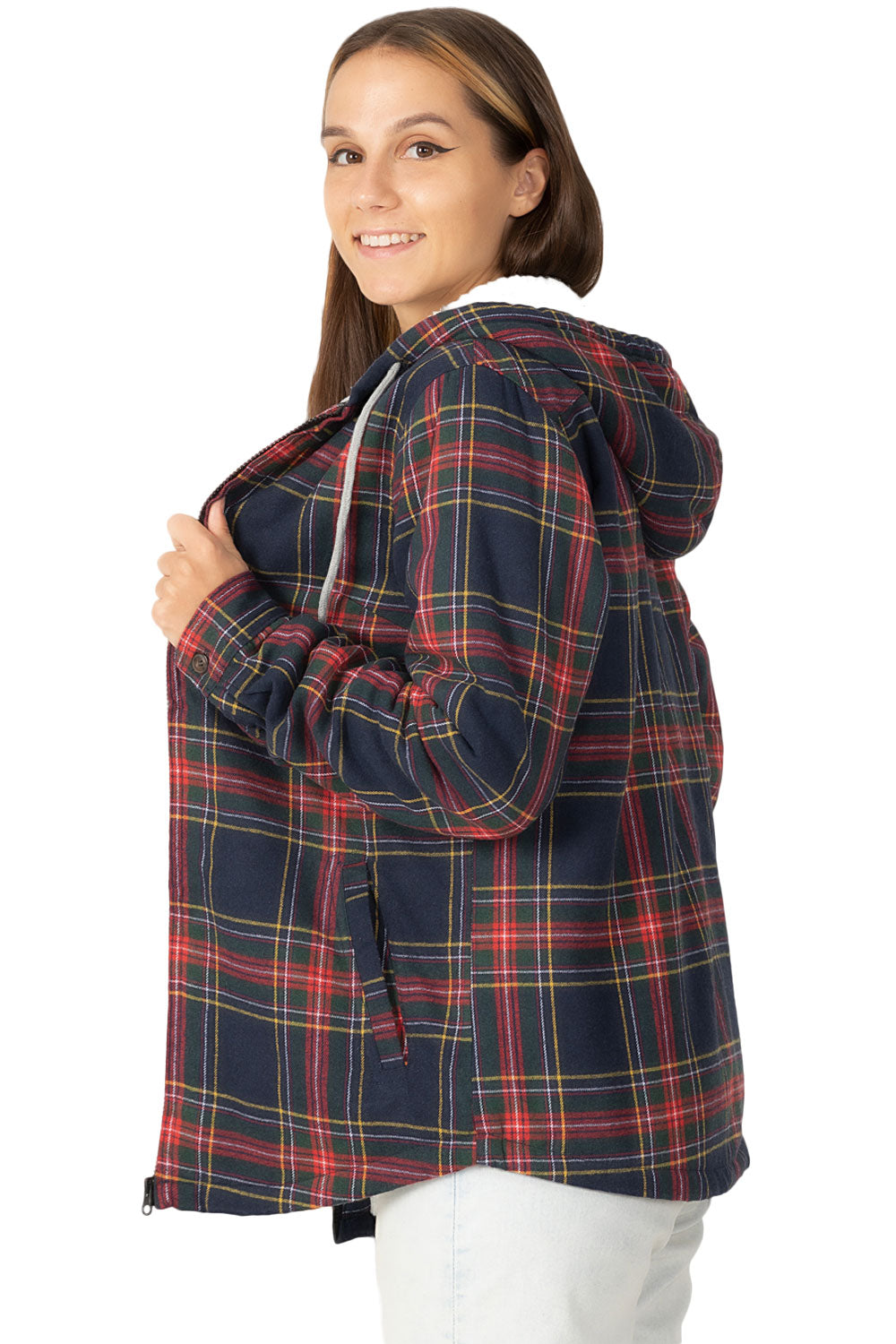 Women's sherpa-lined flannel jacket with a full zip-up design, featuring a hood and plaid pattern, perfect for chilly weather.