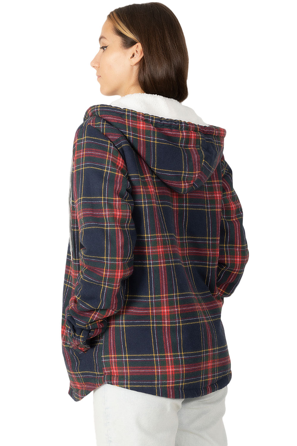Women's sherpa-lined flannel jacket with a full zip-up design, featuring a hood and plaid pattern, perfect for chilly weather.