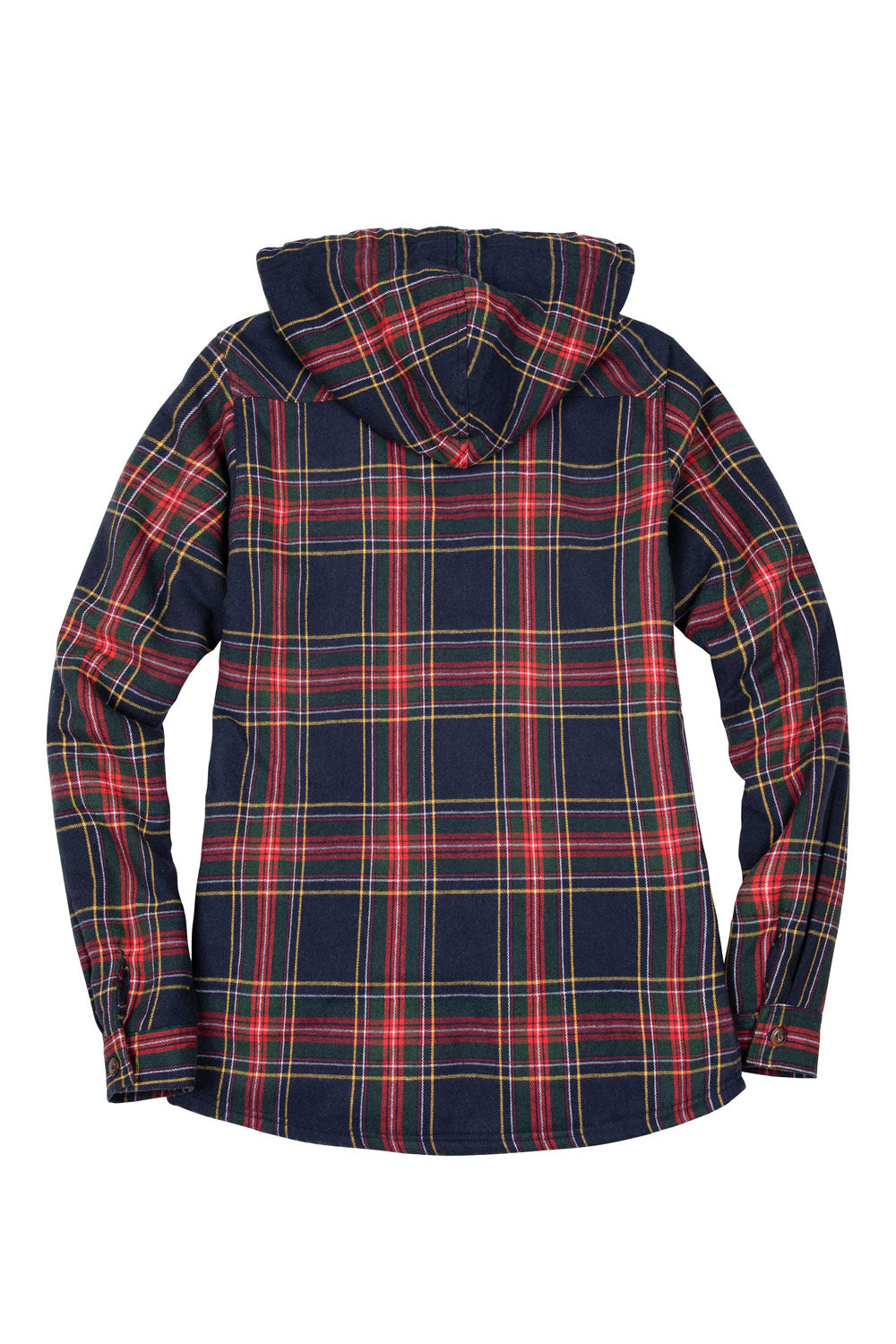 Women's sherpa-lined flannel jacket with a full zip-up design, featuring a hood and plaid pattern, perfect for chilly weather.