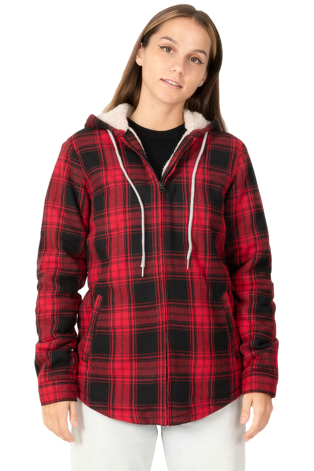 Women's sherpa-lined flannel jacket with a full zip-up design, featuring a hood and plaid pattern, perfect for chilly weather.
