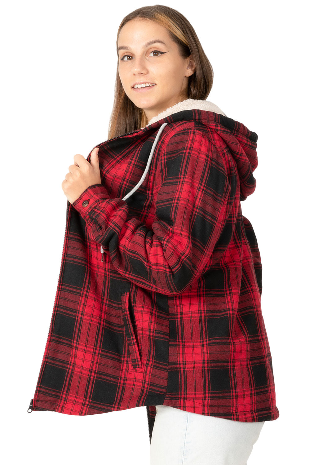 Women's sherpa-lined flannel jacket with a full zip-up design, featuring a hood and plaid pattern, perfect for chilly weather.