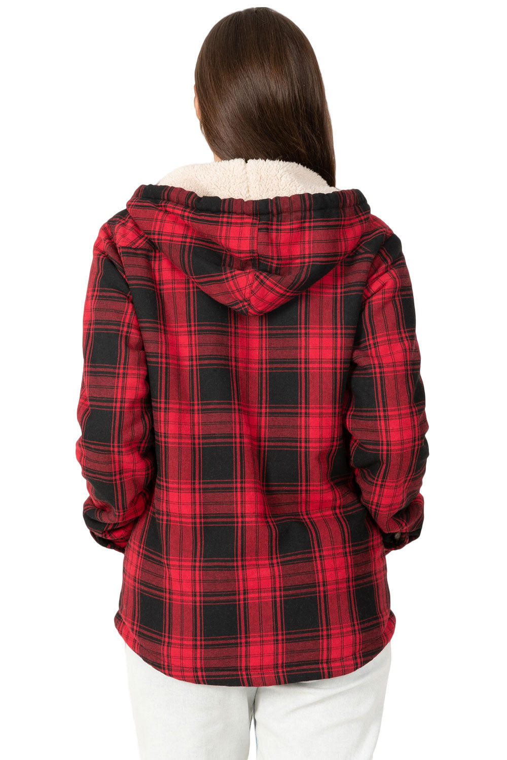 Women's sherpa-lined flannel jacket with a full zip-up design, featuring a hood and plaid pattern, perfect for chilly weather.