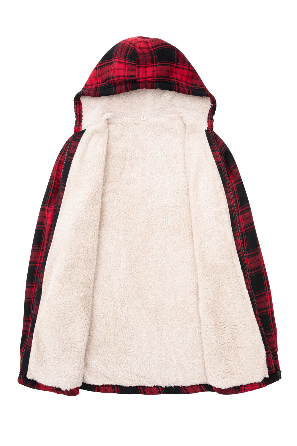 Women's sherpa-lined flannel jacket with a full zip-up design, featuring a hood and plaid pattern, perfect for chilly weather.