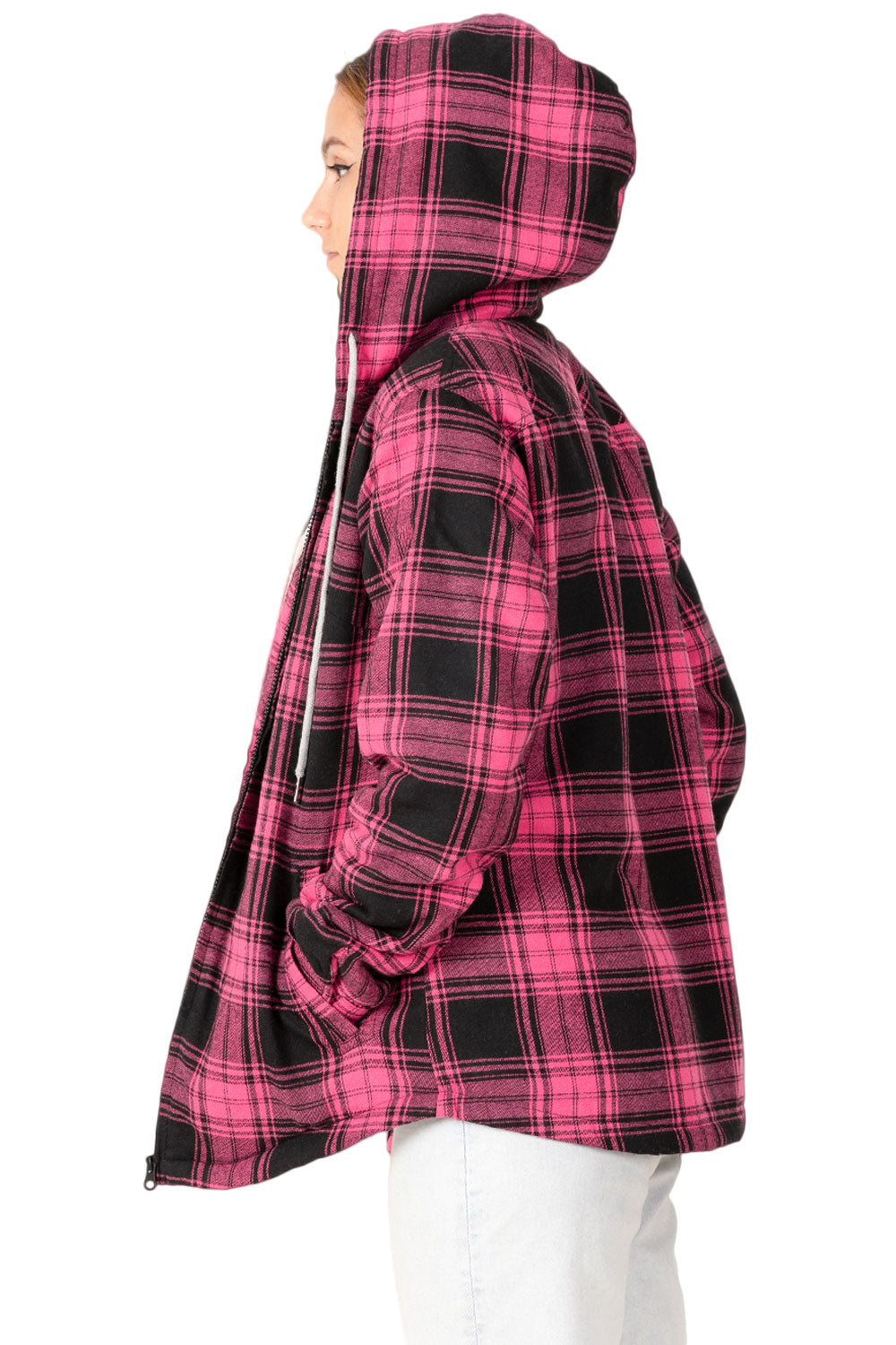 Women's sherpa-lined flannel jacket with a full zip-up design, featuring a hood and plaid pattern, perfect for chilly weather.
