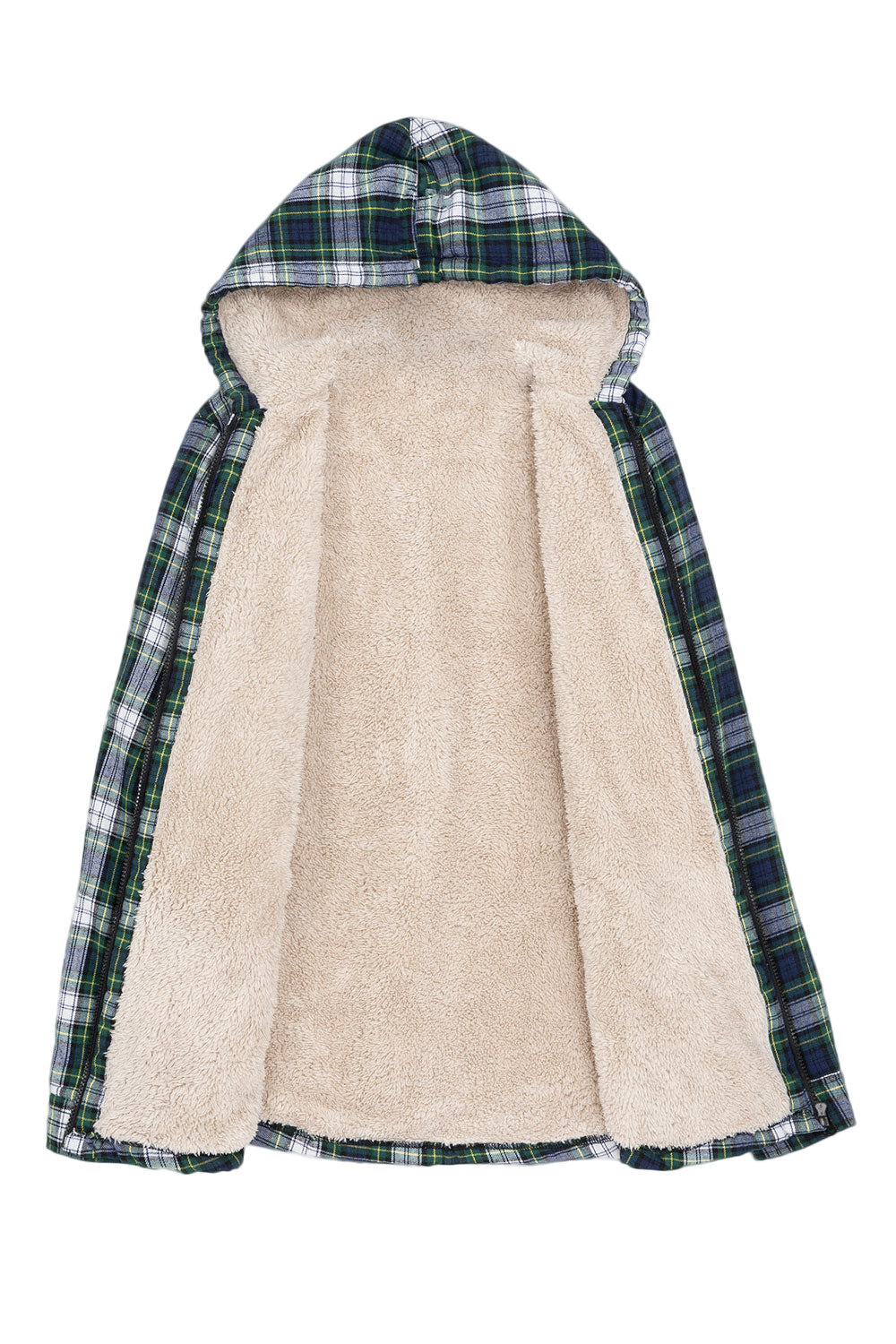 Women's sherpa-lined flannel jacket with a full zip-up design, featuring a hood and plaid pattern, perfect for chilly weather.