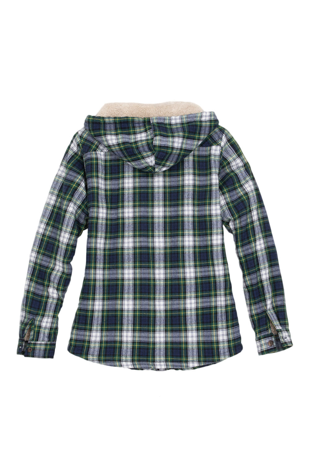 Women's sherpa-lined flannel jacket with a full zip-up design, featuring a hood and plaid pattern, perfect for chilly weather.