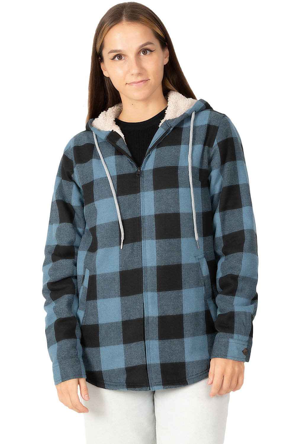 Women's sherpa-lined flannel jacket with a full zip-up design, featuring a hood and plaid pattern, perfect for chilly weather.