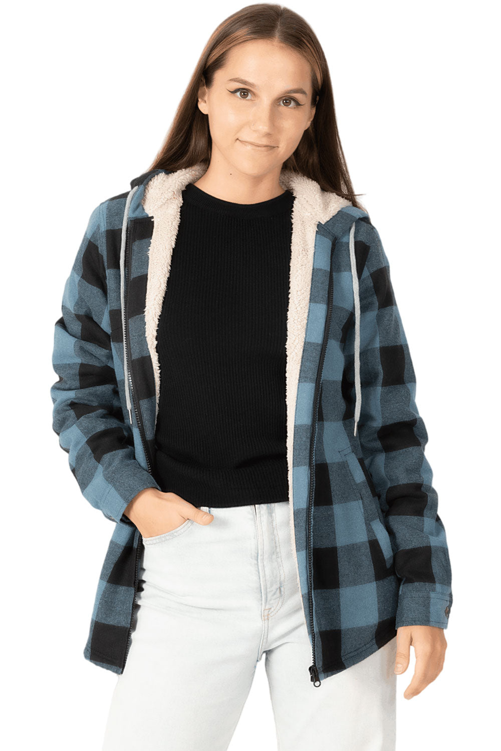 Women's sherpa-lined flannel jacket with a full zip-up design, featuring a hood and plaid pattern, perfect for chilly weather.