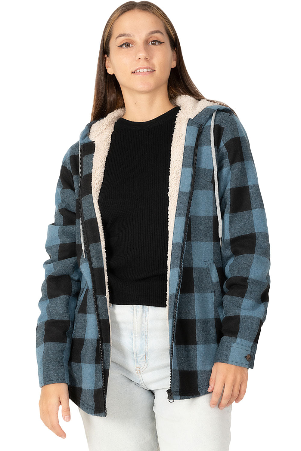 Women's sherpa-lined flannel jacket with a full zip-up design, featuring a hood and plaid pattern, perfect for chilly weather.