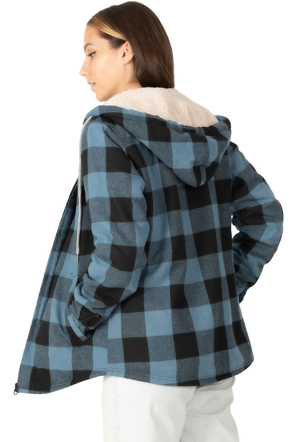 Women's sherpa-lined flannel jacket with a full zip-up design, featuring a hood and plaid pattern, perfect for chilly weather.