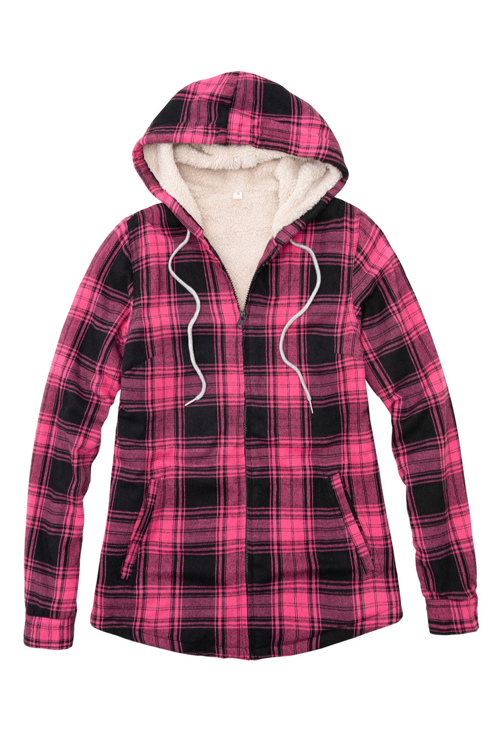 Women's sherpa-lined flannel jacket with a full zip-up design, featuring a hood and plaid pattern, perfect for chilly weather.