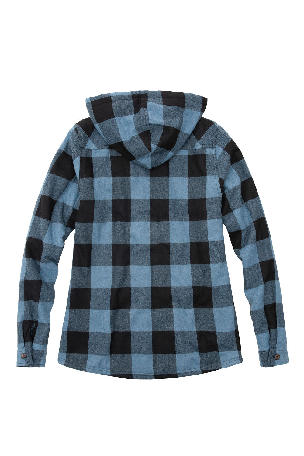 Women's sherpa-lined flannel jacket with a full zip-up design, featuring a hood and plaid pattern, perfect for chilly weather.