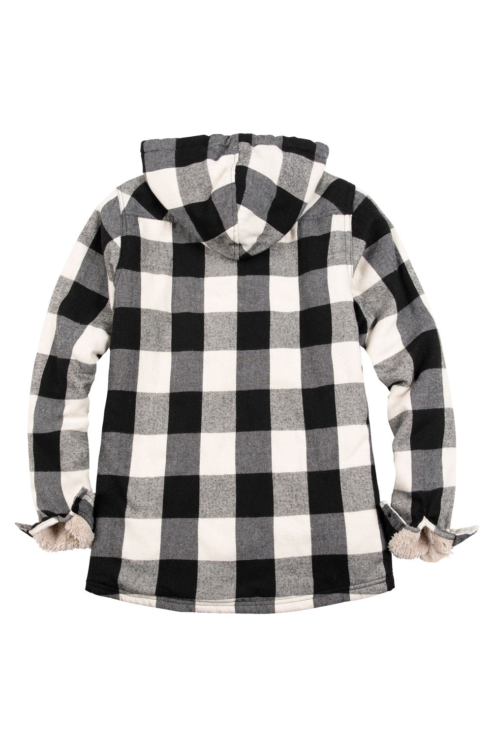 Women's sherpa-lined flannel jacket with a full zip-up design, featuring a hood and plaid pattern, perfect for chilly weather.