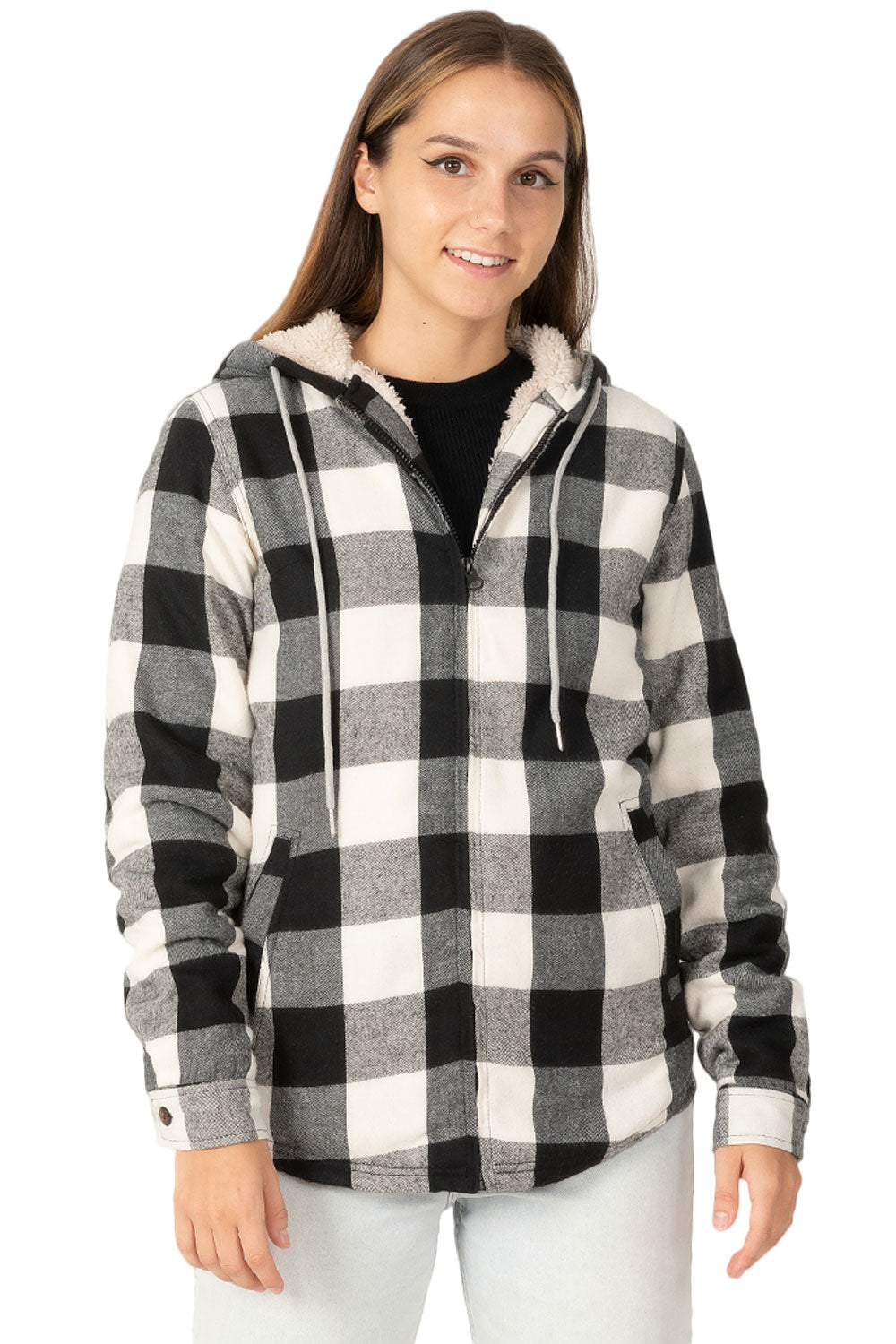 Women's sherpa-lined flannel jacket with a full zip-up design, featuring a hood and plaid pattern, perfect for chilly weather.