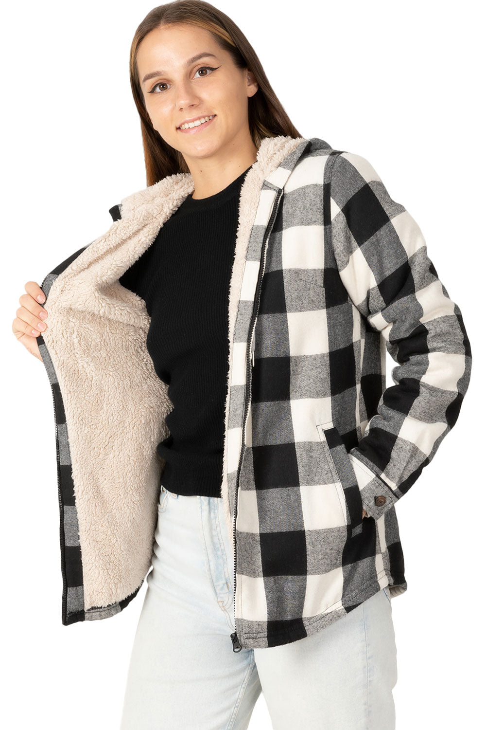 Women's sherpa-lined flannel jacket with a full zip-up design, featuring a hood and plaid pattern, perfect for chilly weather.