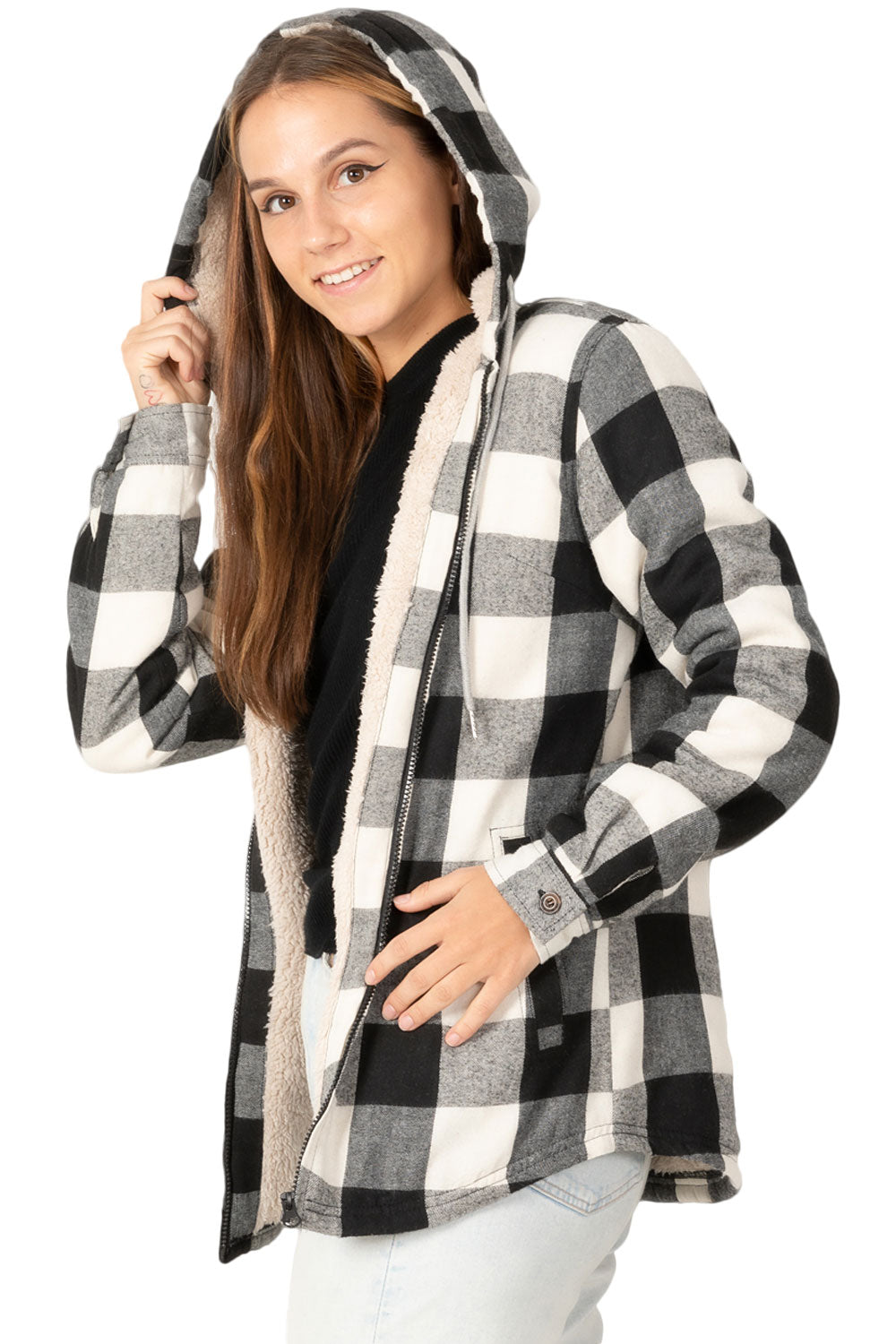 Women's sherpa-lined flannel jacket with a full zip-up design, featuring a hood and plaid pattern, perfect for chilly weather.