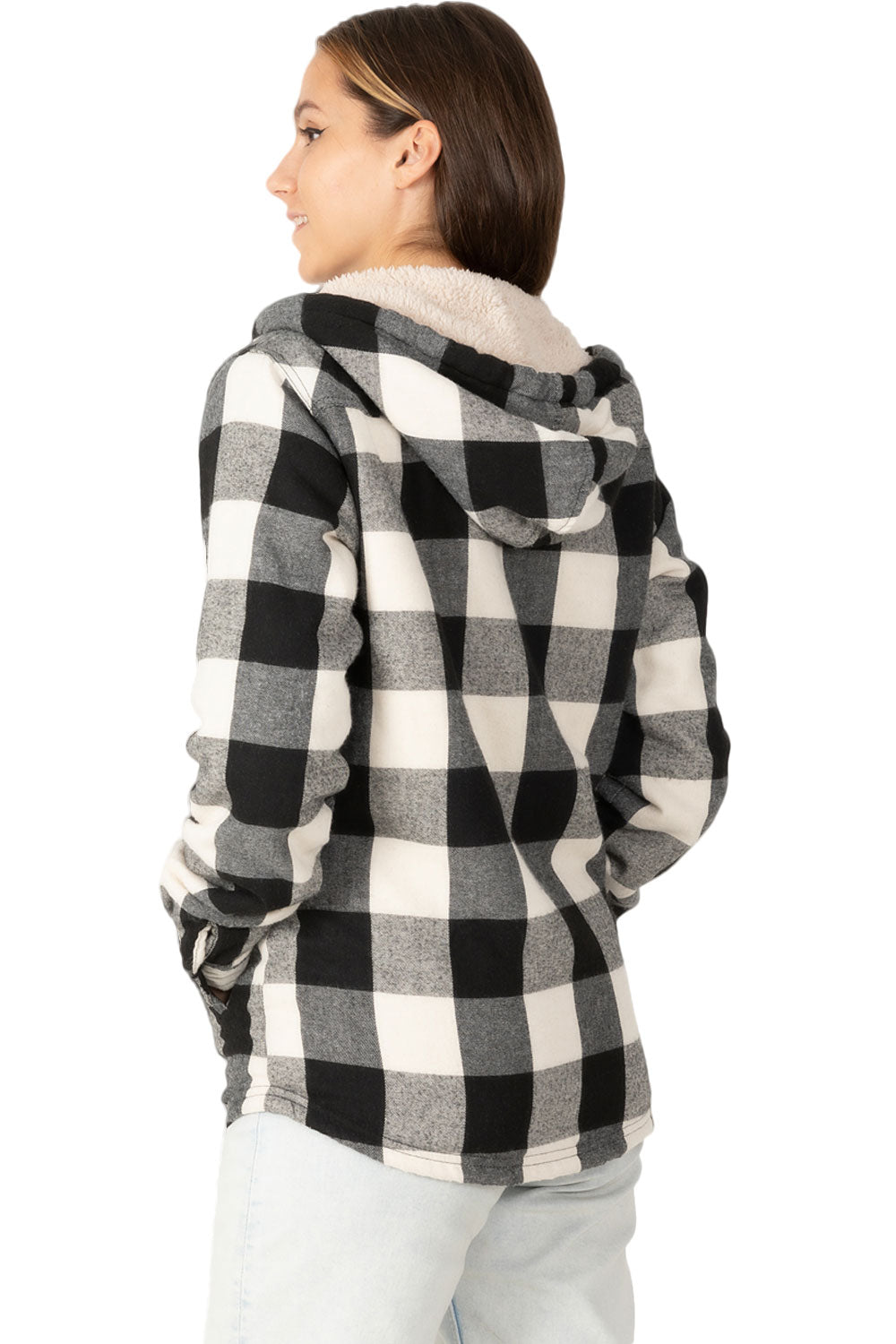 Women's sherpa-lined flannel jacket with a full zip-up design, featuring a hood and plaid pattern, perfect for chilly weather.