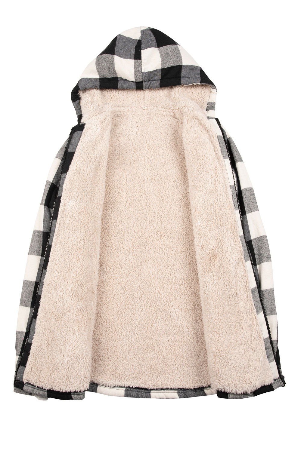 Women's sherpa-lined flannel jacket with a full zip-up design, featuring a hood and plaid pattern, perfect for chilly weather.