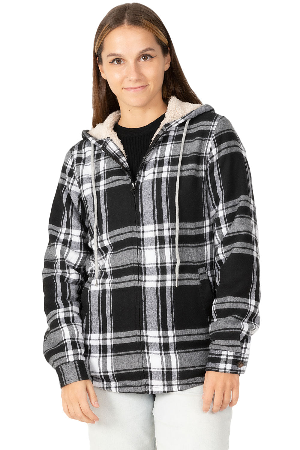 Women's sherpa-lined flannel jacket with a full zip-up design, featuring a hood and plaid pattern, perfect for chilly weather.