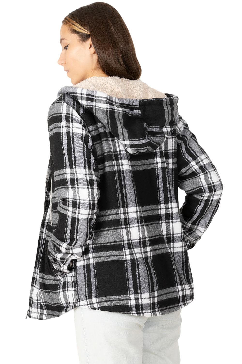 Women's sherpa-lined flannel jacket with a full zip-up design, featuring a hood and plaid pattern, perfect for chilly weather.