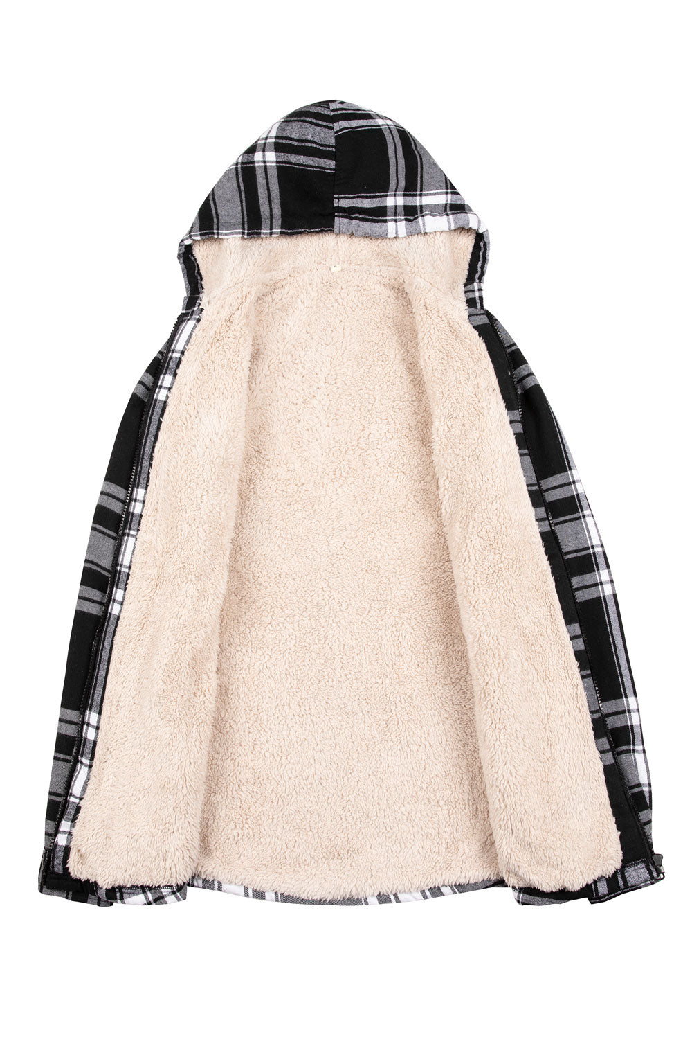 Women's sherpa-lined flannel jacket with a full zip-up design, featuring a hood and plaid pattern, perfect for chilly weather.