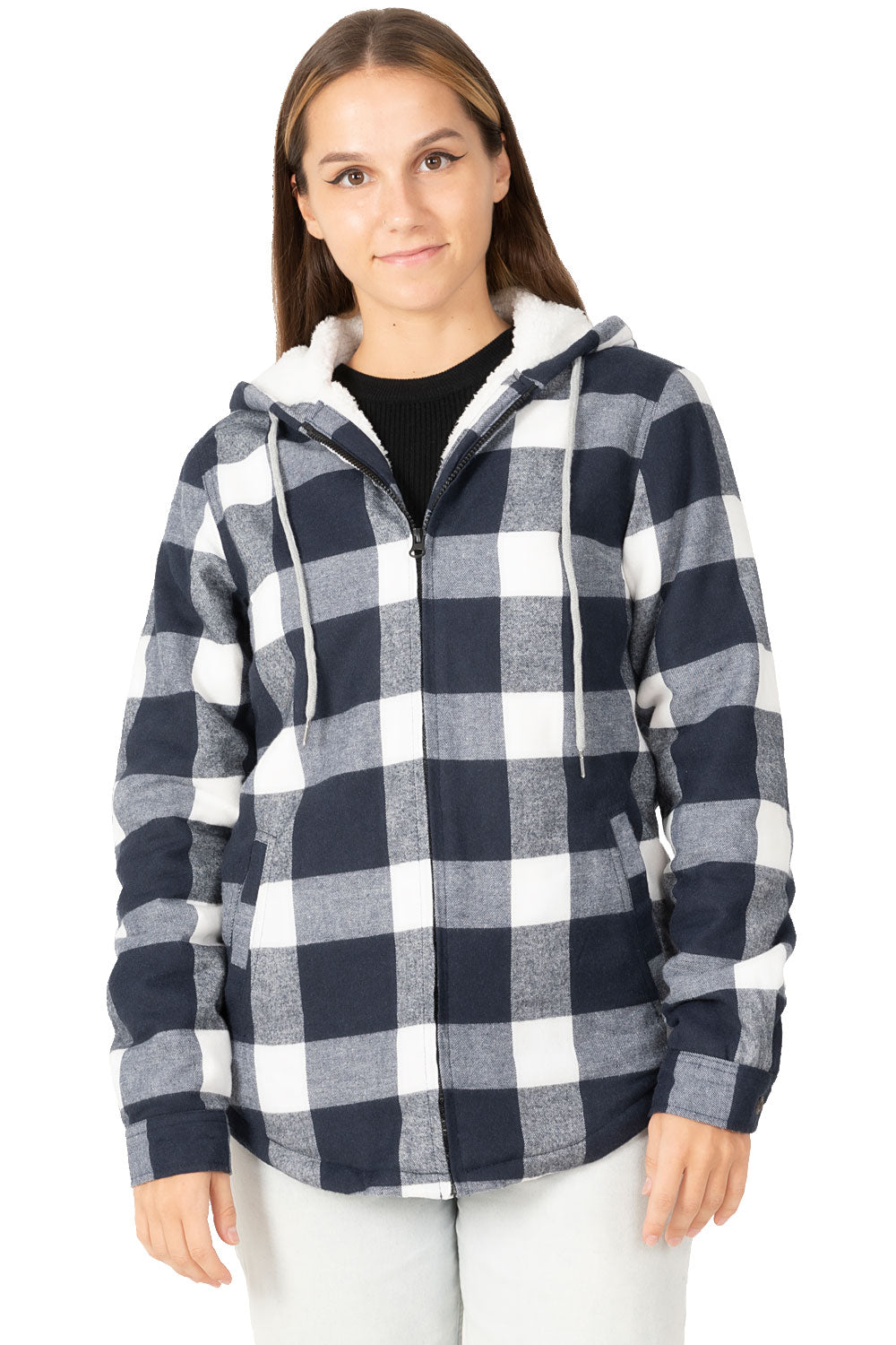 Women's sherpa-lined flannel jacket with a full zip-up design, featuring a hood and plaid pattern, perfect for chilly weather.