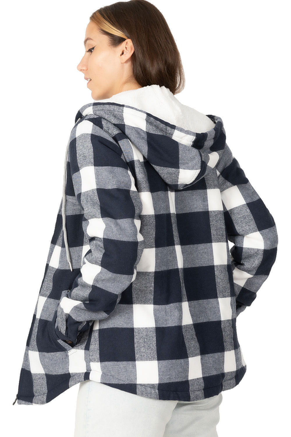 Women's sherpa-lined flannel jacket with a full zip-up design, featuring a hood and plaid pattern, perfect for chilly weather.