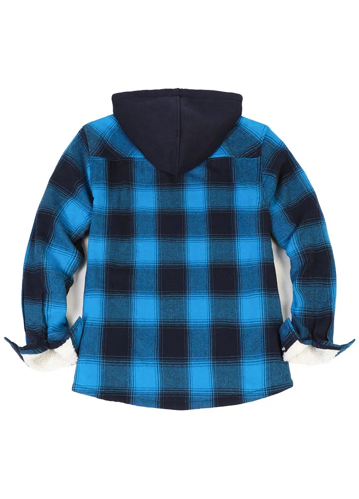Women's Sherpa-Lined Full Zip Up Flannel Jacket with Fleece Hood, showcasing its stylish design and warm lining.