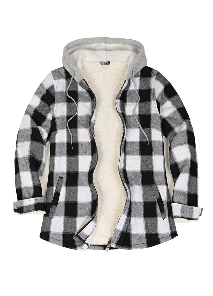 Women's Sherpa-Lined Full Zip Up Flannel Jacket with Fleece Hood, showcasing its stylish design and warm lining.