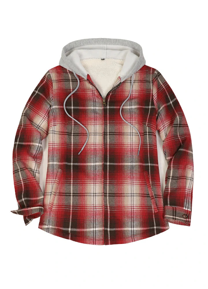 Women's Sherpa-Lined Full Zip Up Flannel Jacket with Fleece Hood, showcasing its stylish design and warm lining.