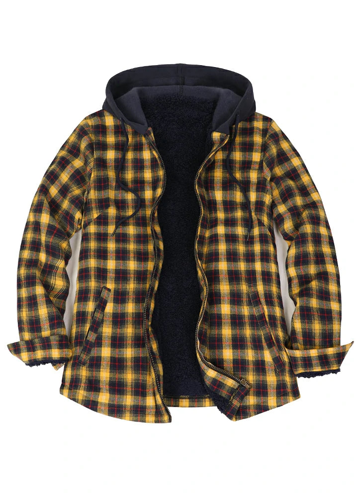 Women's Sherpa-Lined Full Zip Up Flannel Jacket with Fleece Hood, showcasing its stylish design and warm lining.