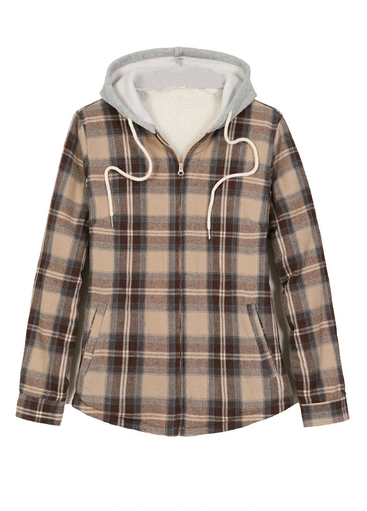 Women's Sherpa-Lined Full Zip Up Flannel Jacket with Fleece Hood, showcasing its stylish design and warm lining.