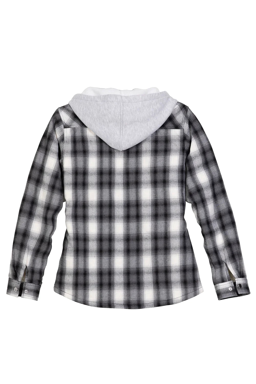 Women's Sherpa-Lined Flannel Jacket with Fleece Hood, featuring snap buttons and multiple pockets in a stylish plaid design.