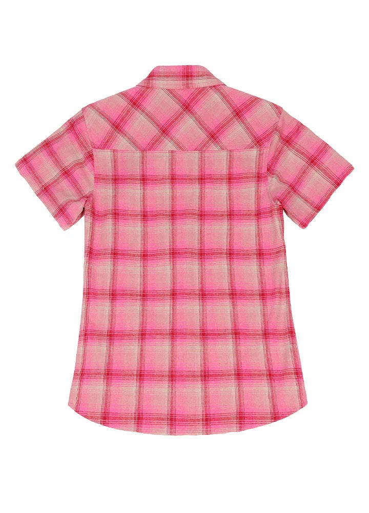 A stylish women's short-sleeve western shirt made of soft cotton, featuring two front chest pockets and a buttoned front closure.