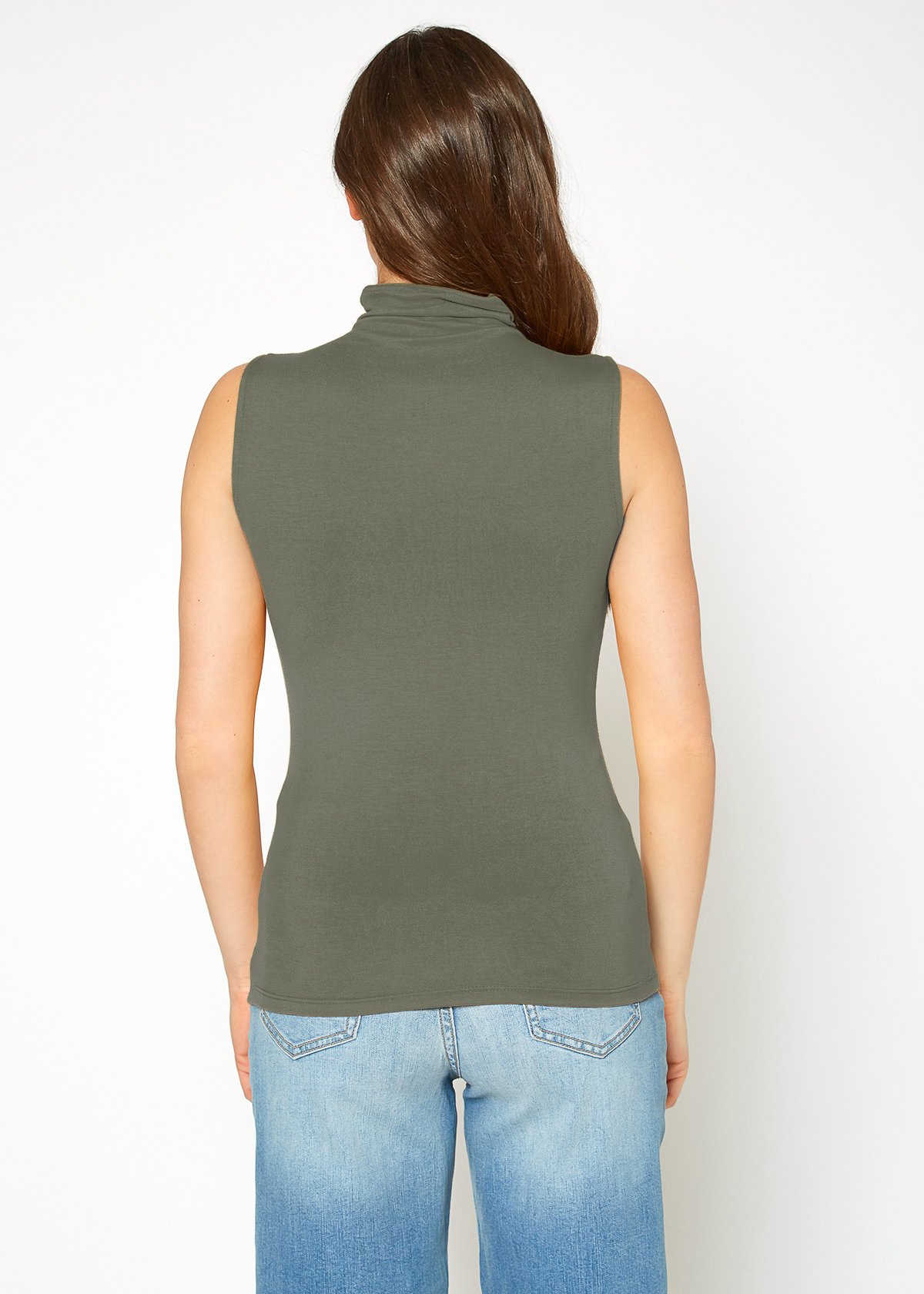 A stylish Women's Sleeveless Turtle Neck Fitted Top in a soft fabric, perfect for layering in fall and winter.