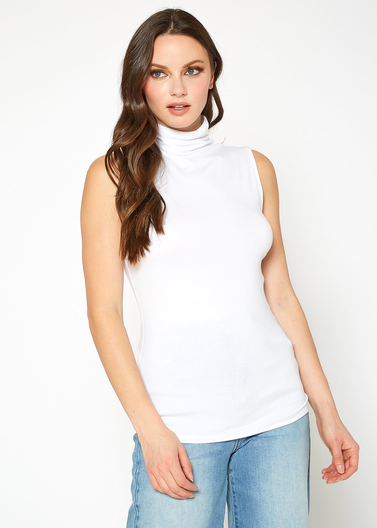 A stylish Women's Sleeveless Turtle Neck Fitted Top in a soft fabric, perfect for layering in fall and winter.