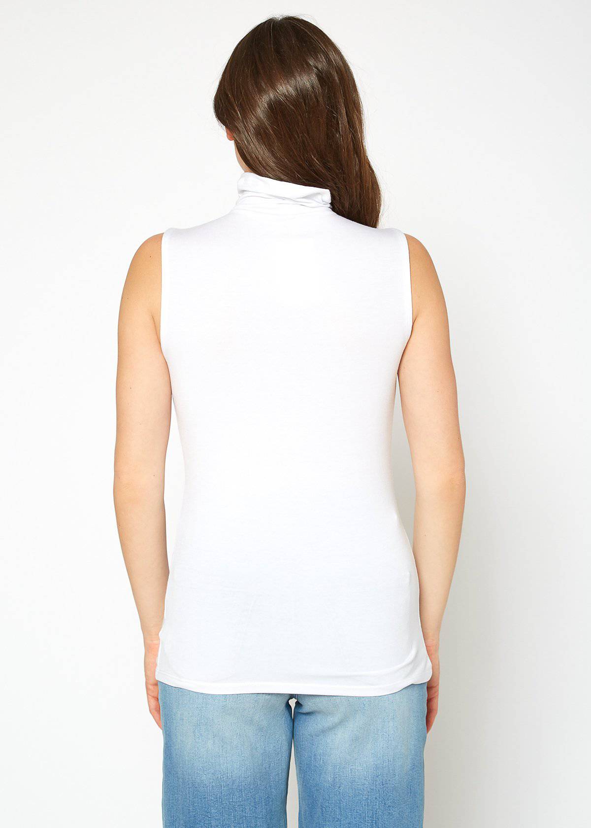 A stylish Women's Sleeveless Turtle Neck Fitted Top in a soft fabric, perfect for layering in fall and winter.