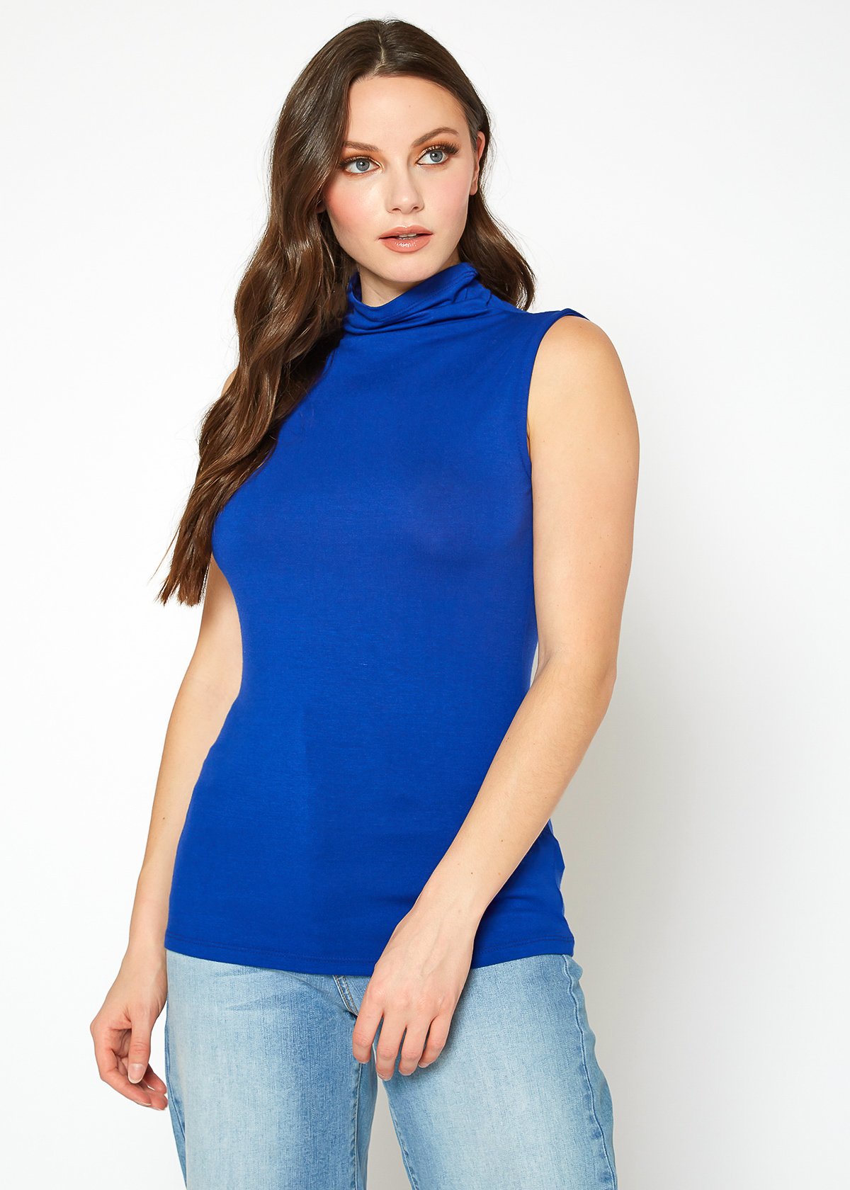 A stylish Women's Sleeveless Turtle Neck Fitted Top in a soft fabric, perfect for layering in fall and winter.
