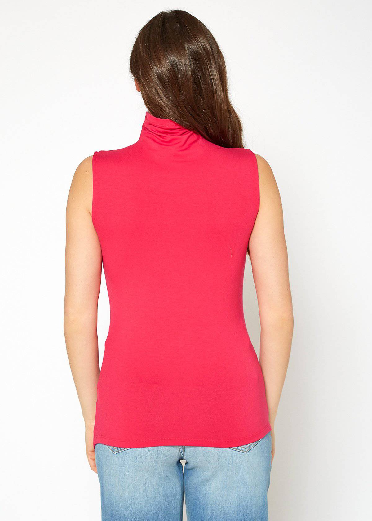 A stylish Women's Sleeveless Turtle Neck Fitted Top in a soft fabric, perfect for layering in fall and winter.