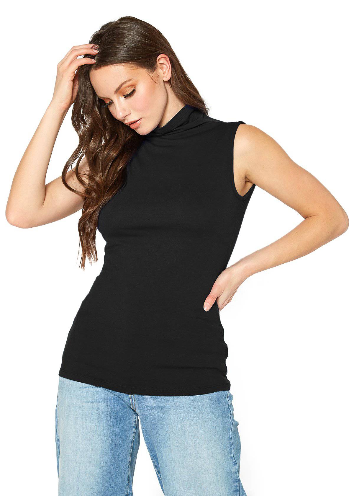 A stylish Women's Sleeveless Turtle Neck Fitted Top in a soft fabric, perfect for layering in fall and winter.