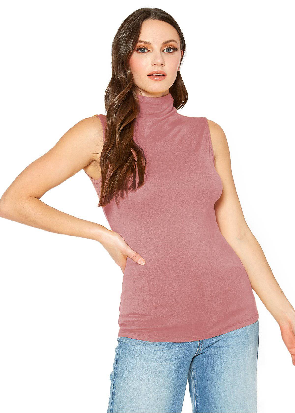 A stylish Women's Sleeveless Turtle Neck Fitted Top in a soft fabric, perfect for layering in fall and winter.