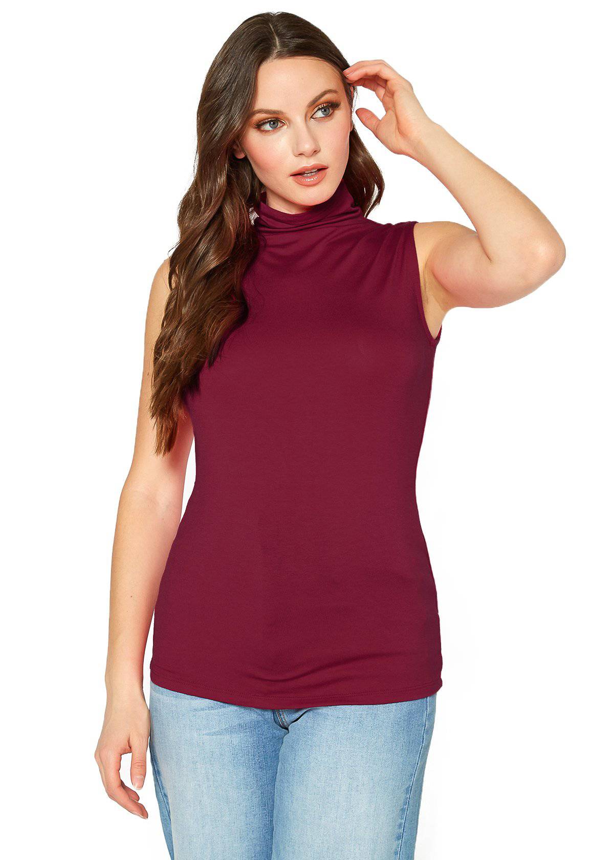 A stylish Women's Sleeveless Turtle Neck Fitted Top in a soft fabric, perfect for layering in fall and winter.