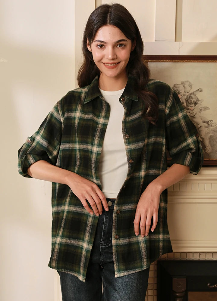 A stylish Women's Soft Flannel Shirt in soft cotton, featuring roll-up sleeves and a regular fit, perfect for versatile styling.