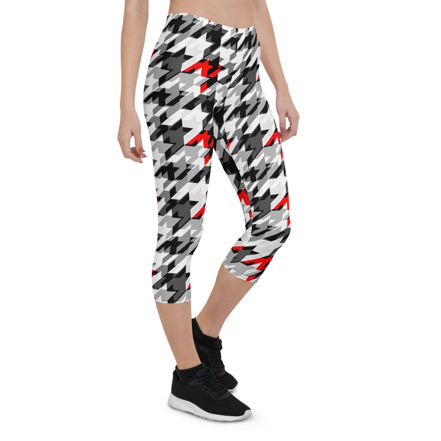 Women's Sports Houndstooth Capri Leggings featuring a stylish houndstooth pattern, designed for comfort and performance during workouts.